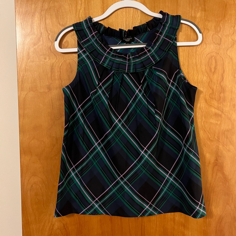 Talbots Silk Sleeveless Blouse Top Blue Green Lavender Plaid Top Ruffle Size 8P